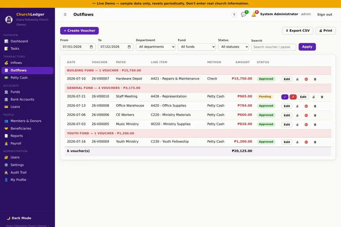 ChurchLedger outflows list showing vouchers grouped by fund with Pending and Approved statuses and CSV export