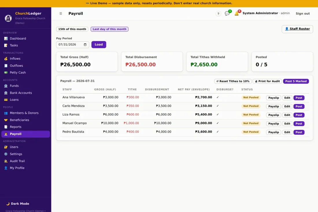 ChurchLedger payroll screen showing staff gross pay, tithe withheld, net pay, and print for audit